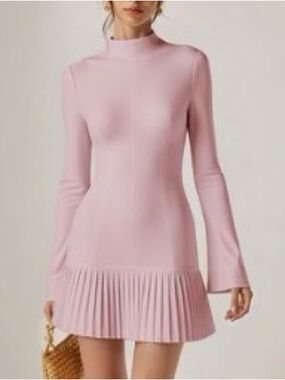 Commense Pleated Hem Mock Neck Mini Dress